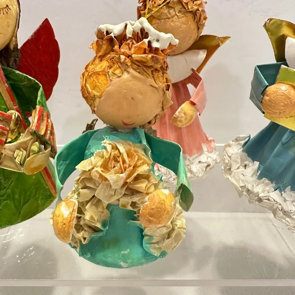 Vintage Paper Mache Angel Ornaments Set of 4 Christmas‎ Mid Century Taiwan MCM